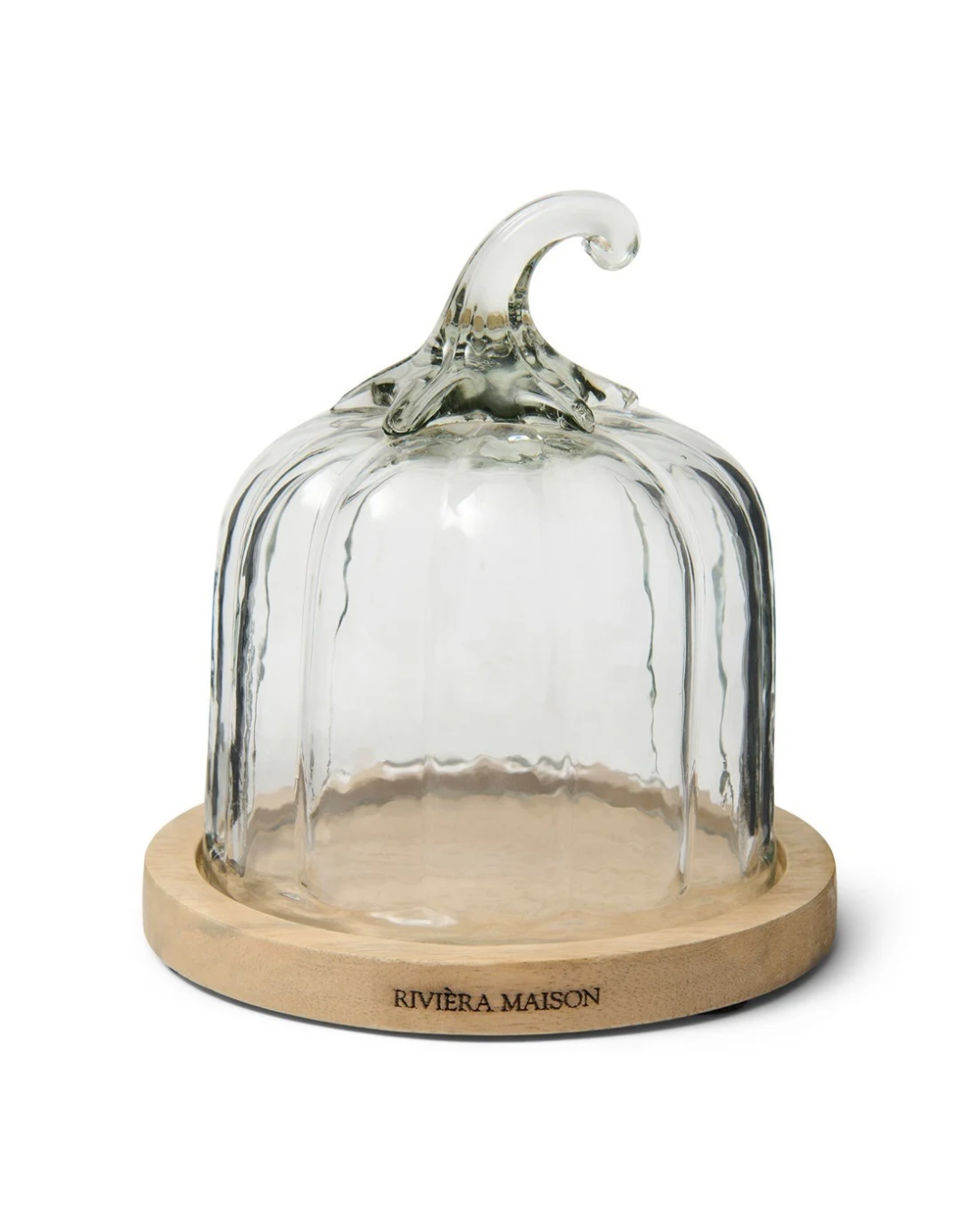 Kürbis Glasglocke "Pumpkin Cloche" von Riviera Maison mit Holzuntersetzer mit schwarzer RM Aufschrift.
