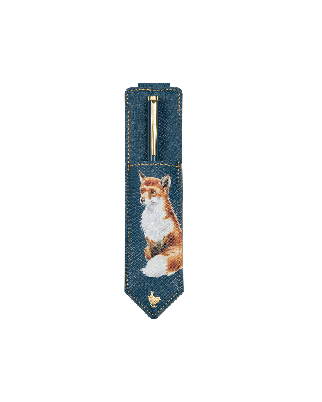 Blaues Stiftetui mit aufgedrucktem Fuchsmotiv von Hannah Dale aus der „Signature Stationery“-Kollektion mit dem Kugelschreiber drinnen von Wrendale Designs.