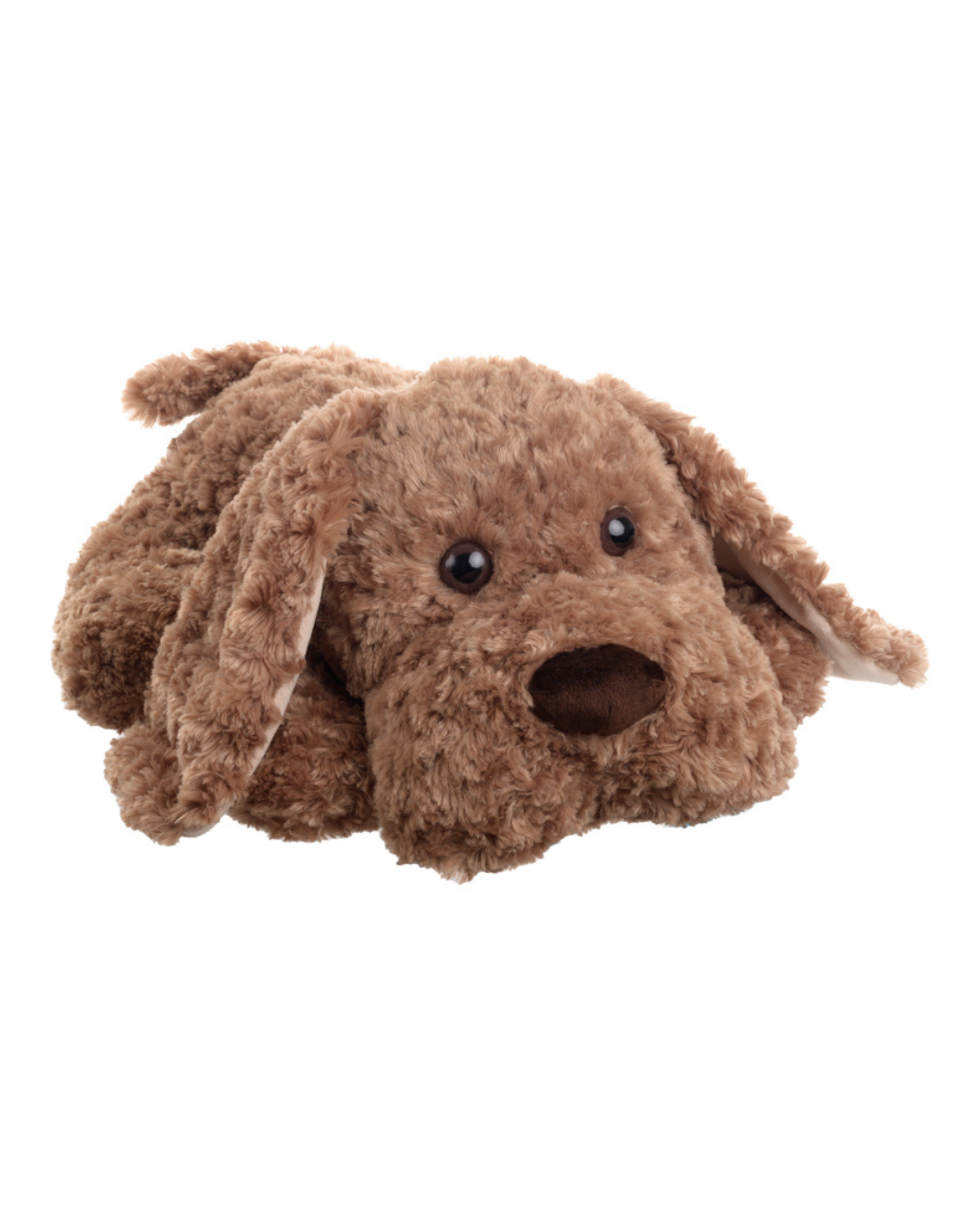 Plüschhund Manfred von Bukowski in liegender Position mit weichem braunem Fell