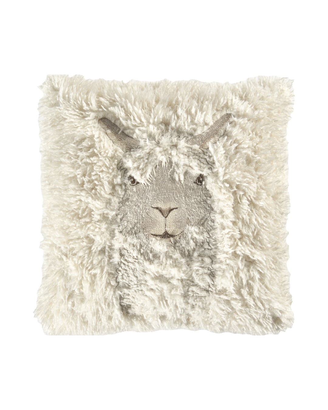 Das Dekokissen „Suri“ von Sander ist ein flauschiges creme weißer Kissenbezug mit detailreicher Lama Stickerei in der Mitte vor weißem Hintergrund.
