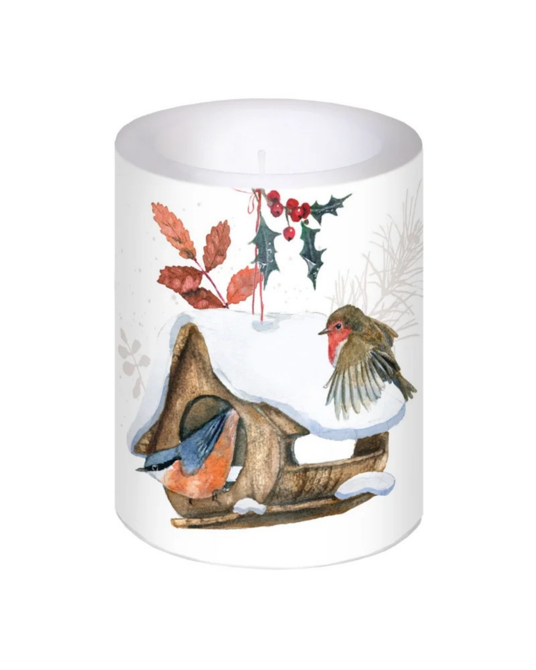 Lampionkerze "Am Vogelhaus" vom Grätz Verlag. Mit detailreicher Illustration eines Vogelhauses im Schnee mit verschiedenen Vögeln - illustriert von Daniela Drescher.