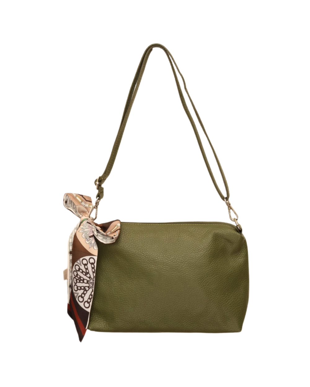 Waldgrüne Leder Handtasche "Brigitte" von Südstrand vor weißen Hintergrund. An der Tasche hängt ein braun/weißes Tuch. 