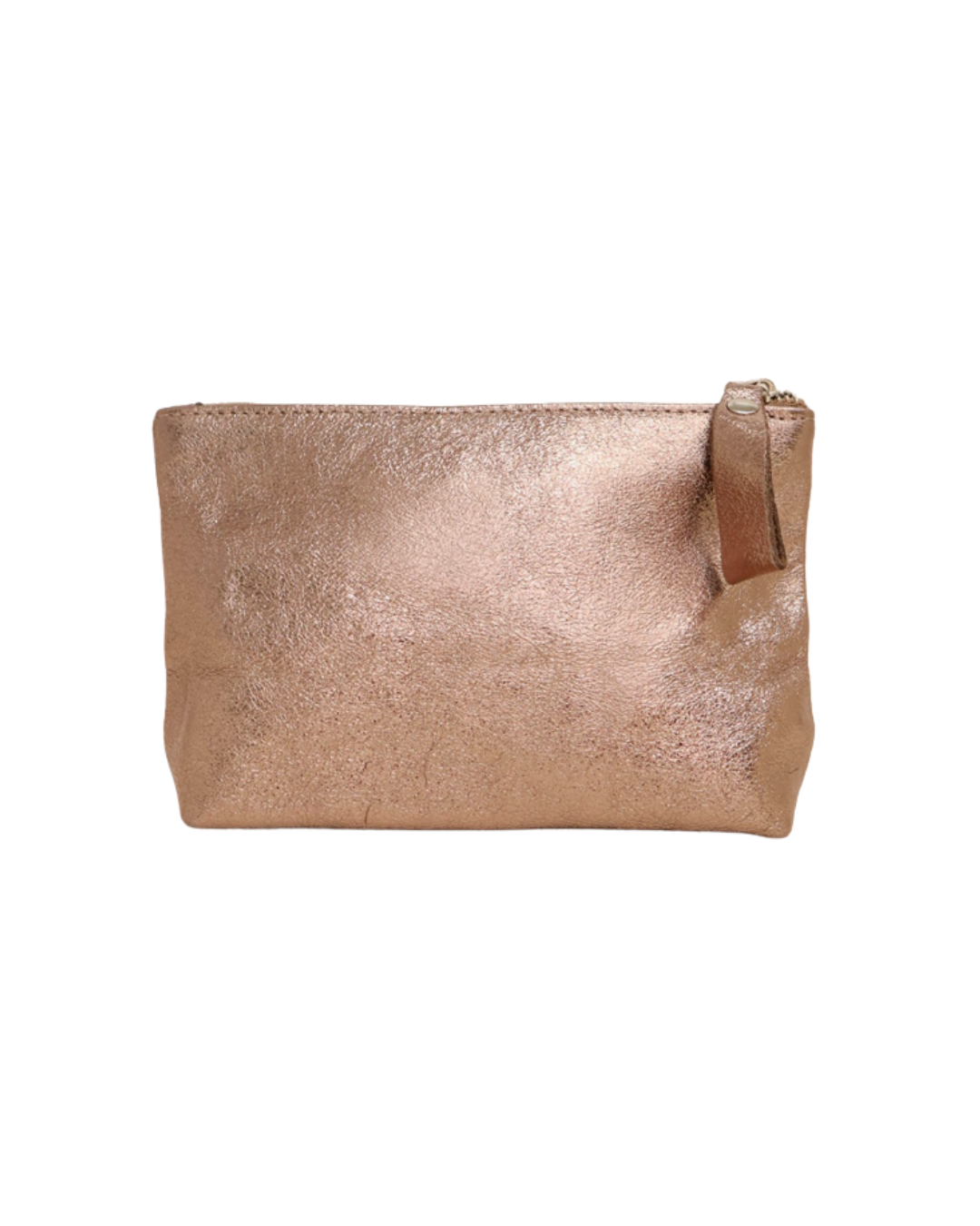 Leder Kosmetiktasche "Ella" in bronze von Südstrand vor weißen Hintergrund. Die Tasche ist wie ein Rechteck geformt und glänzend bronze.