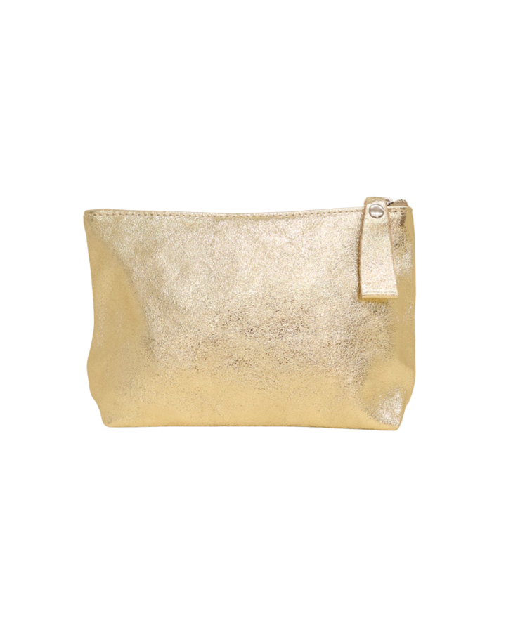 Leder Kosmetiktasche "Ella" in gold von Südstrand vor weißen Hintergrund. Die Tasche ist wie ein Rechteck geformt.