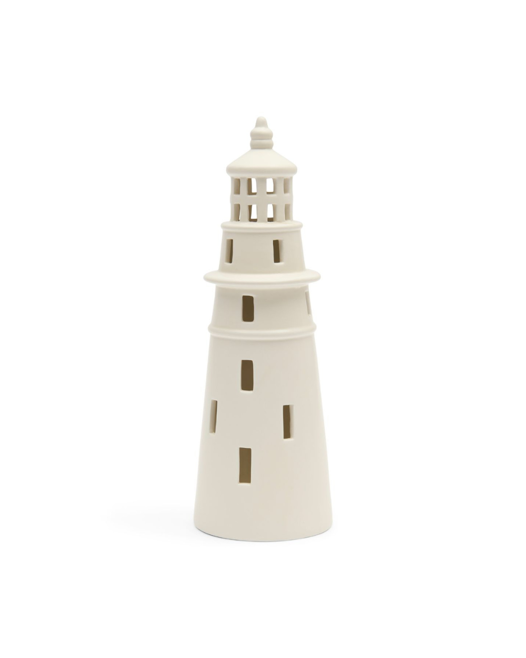 Weißer Leuchtturm als Windlicht von Rivièra Maison vor weißem Hintergrund.