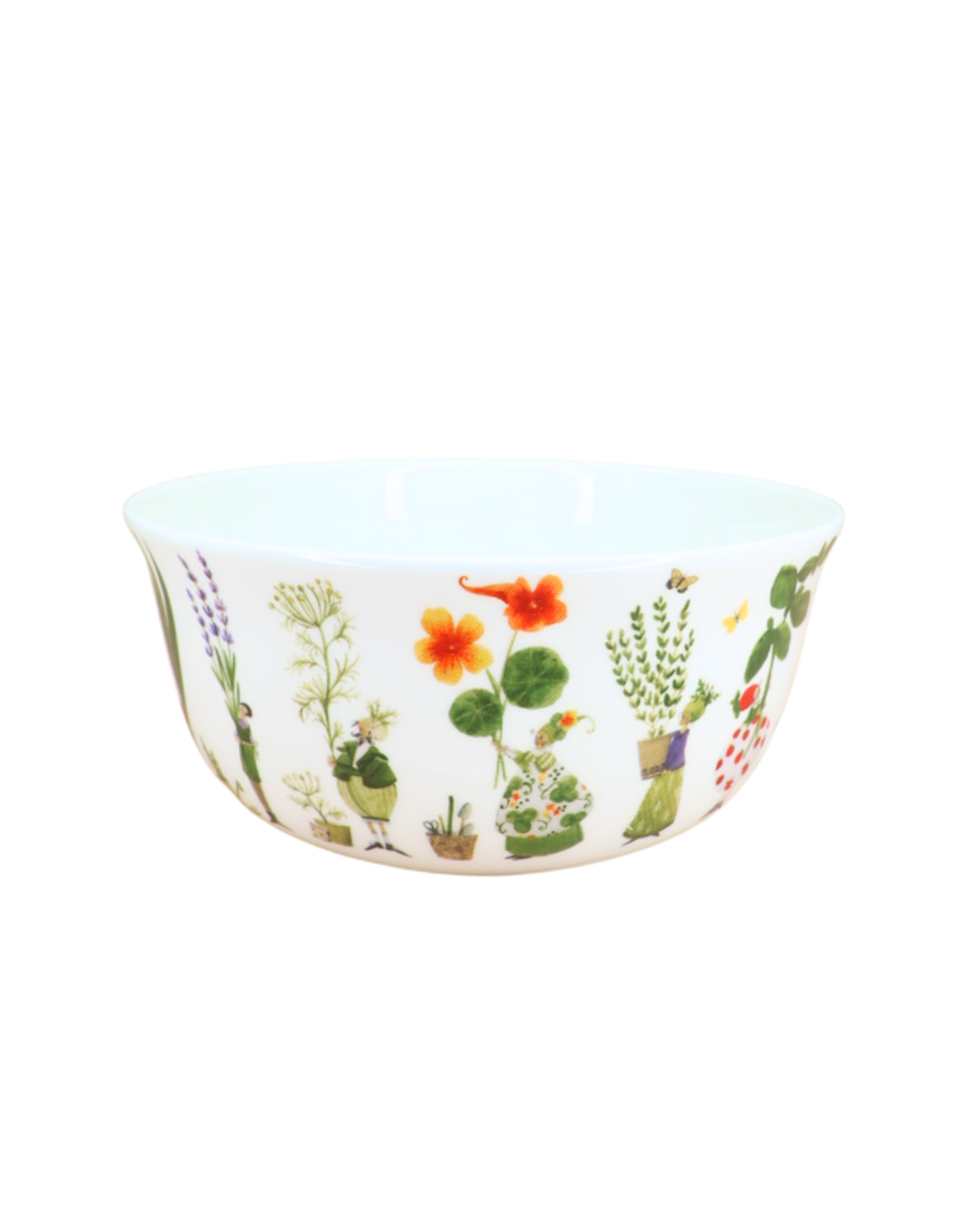 Große Müslischale „Kräutergarten“ vom Grätz Verlag mit handgezeichneten Kräutermotiven und Figuren, weißen Innenrand, von oben fotografiert.