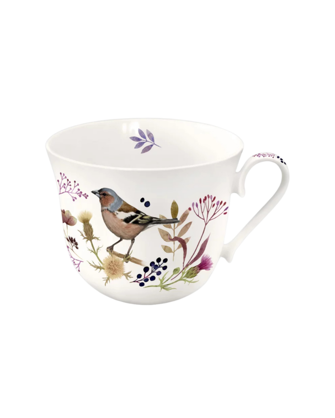 Hier ist deine neue Lieblingstasse Blätterrauschen vom Grätz Verlag mit herbstlichen Vögeln, Blumen und Blättern illustriert von Maria Over vor einem weißen Hintergrund.