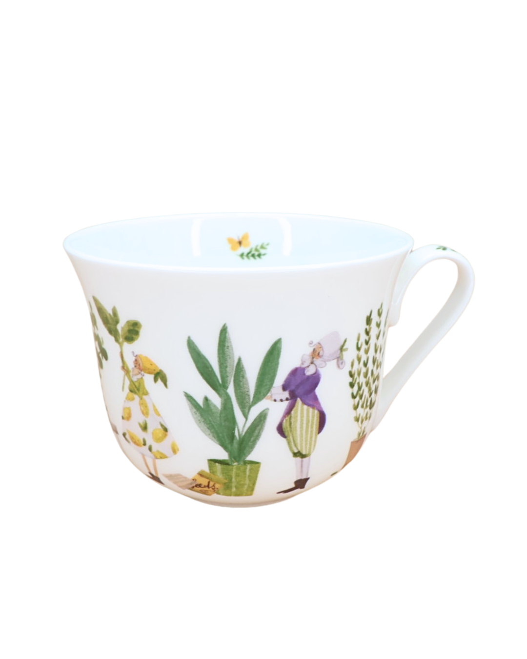 Weiße Keramik-Tasse mit Kräutergarten-Motiv (Gärtner, Kräuter, Blumen) der Marke Grätz Verlag, isoliert auf weißem Hintergrund.