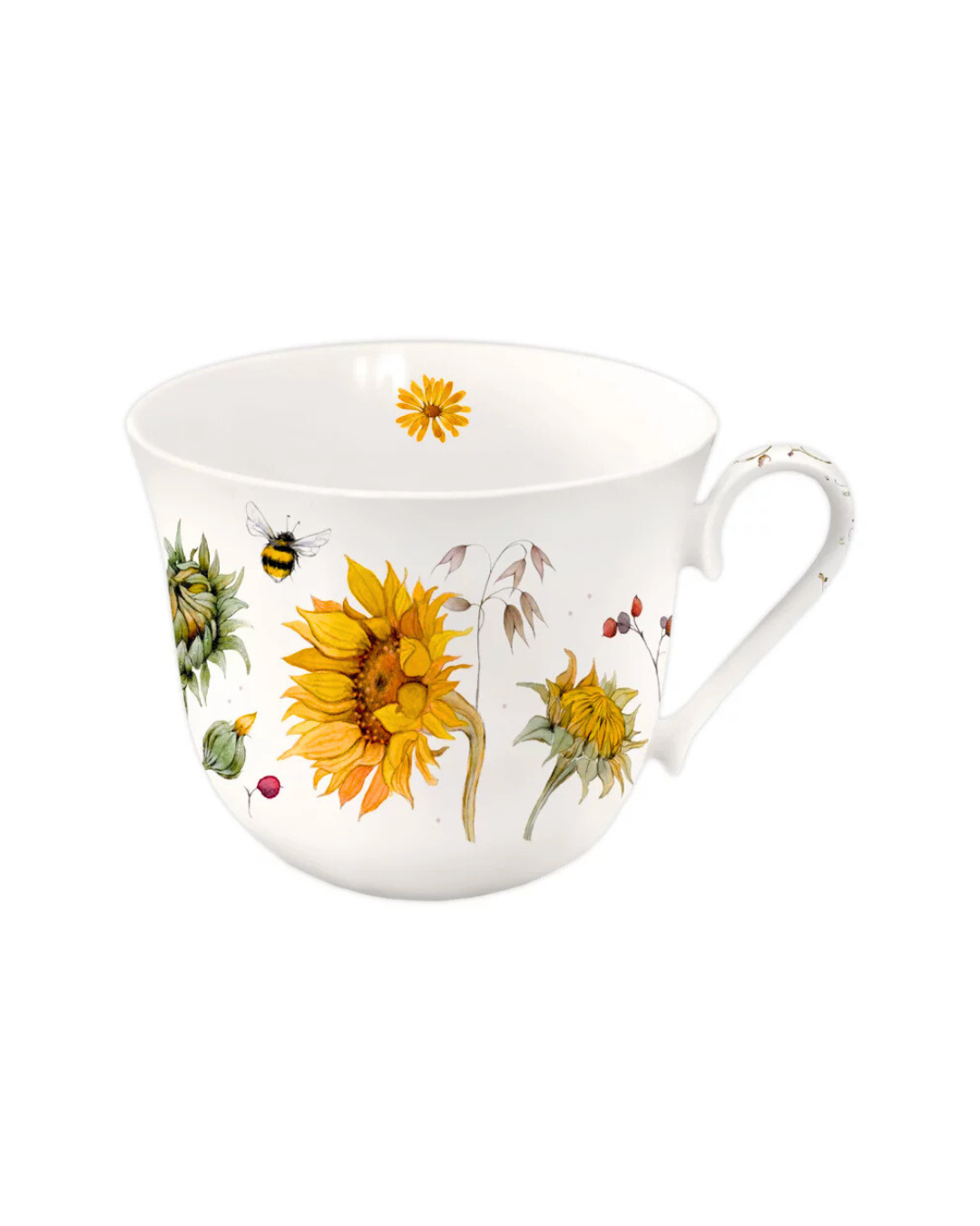 Lieblingstasse mit Sonnenblumen Motiv vom Grätz Verlag vor weißem Hintergrund.