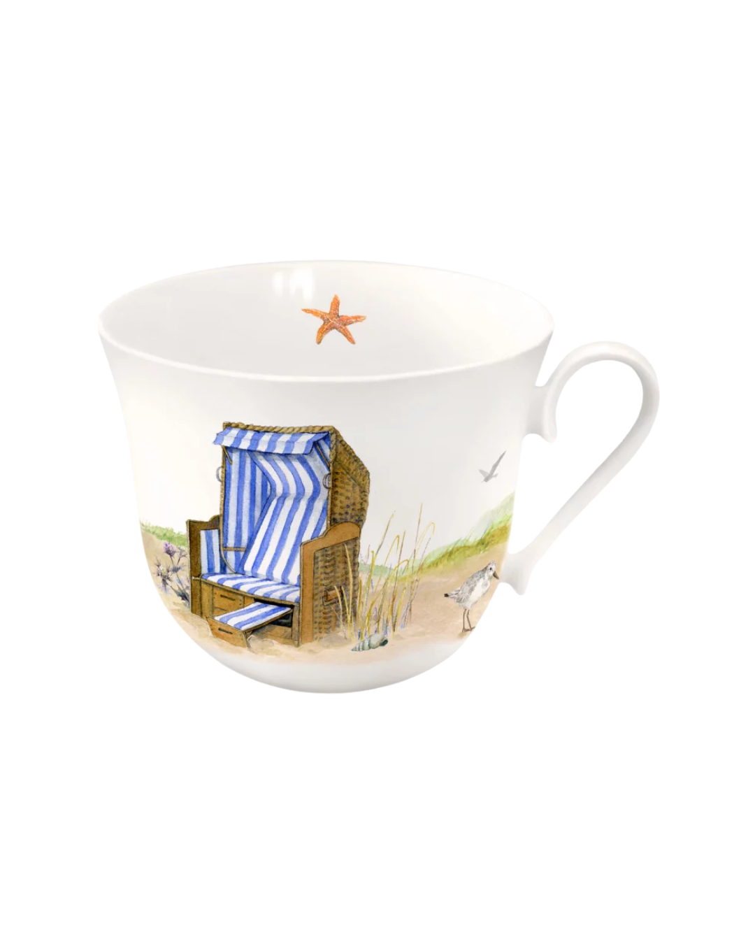 Lieblingstasse Strandkorb vom Grätz Verlag mit einem Strand-Motiv vor weißem Hintergrund.