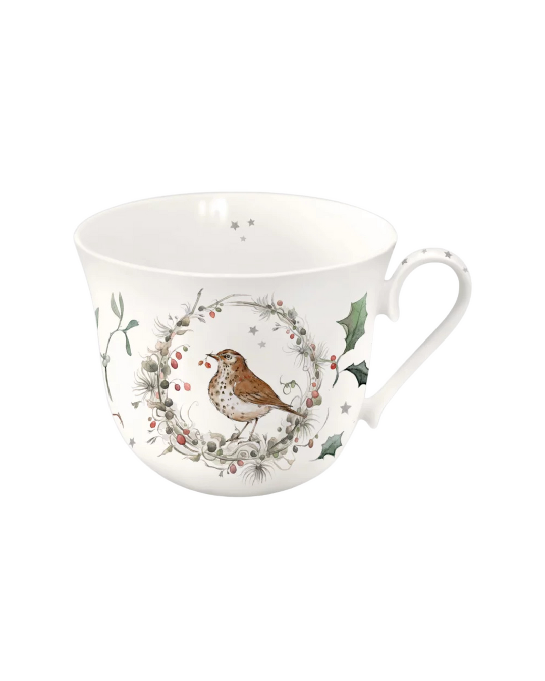 Lieblingstasse Winterkränze vom Grätz Verlag mit Vögeln und Ästen vor weißem Hintergrund.