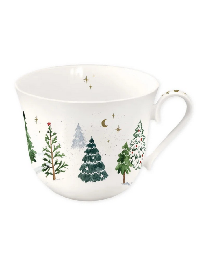 Lieblingstasse "Wintertannen" vom Grätz Verlag. Tannenillustrationen von Anna Inspira mit goldenen Highlights und Details.