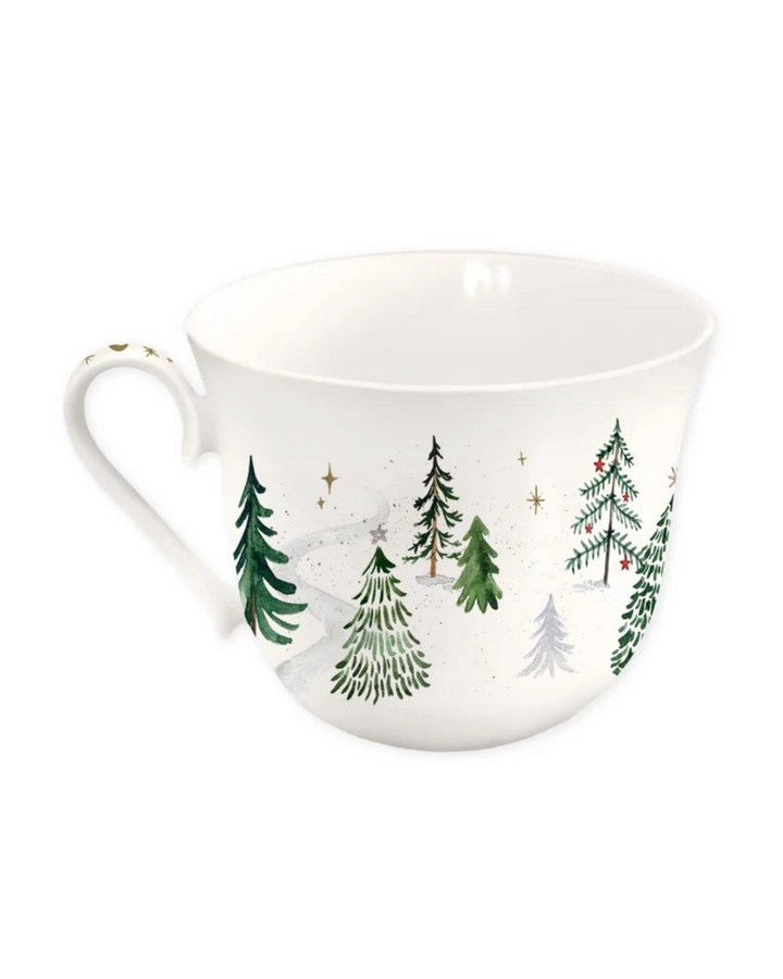 Lieblingstasse "Wintertannen" vom Grätz Verlag. Tannenillustrationen von Anna Inspira mit goldenen Highlights und Details. 