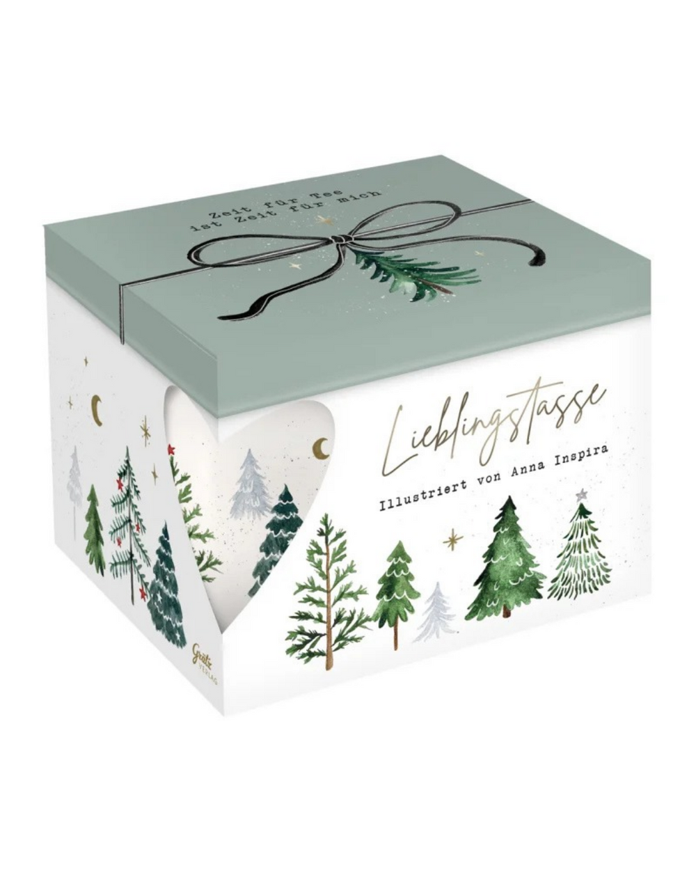 Lieblingstasse "Wintertannen" vom Grätz Verlag. Tannenillustrationen von Anna Inspira mit goldenen Highlights und Details. Hier verpackt in der passenden Geschenkbox.