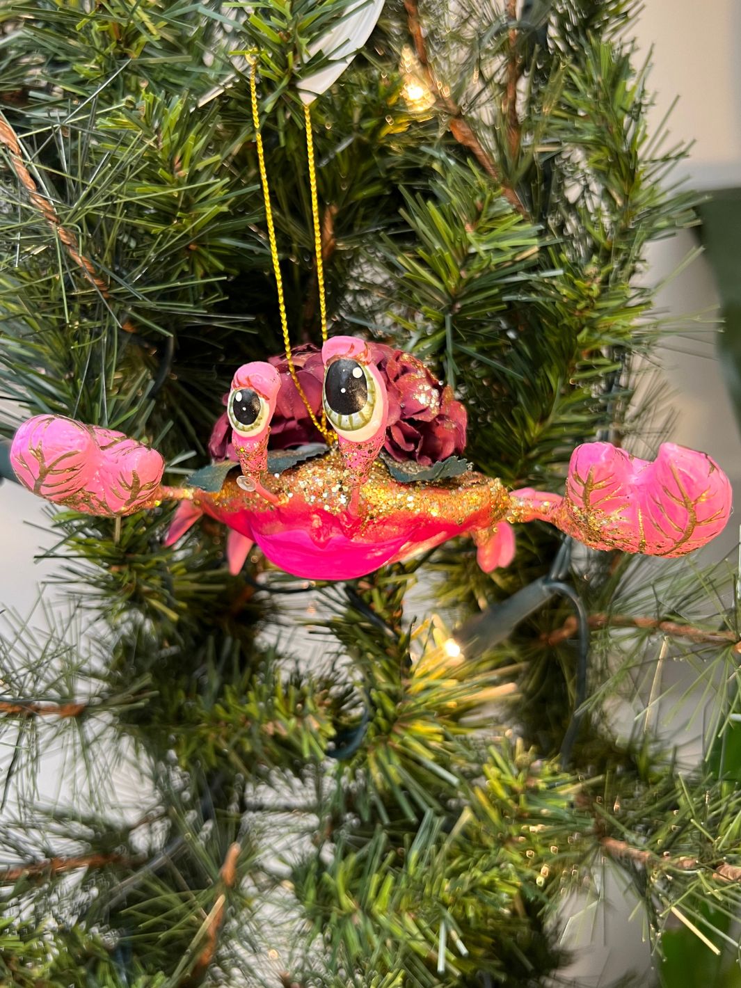 Pinke Krabbe mit lila Hortensie auf dem Panzer von Goodwill.