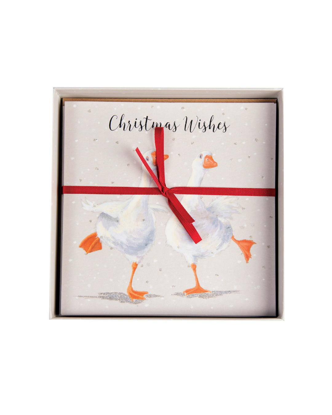 Luxuriöses Gänse Weihnachtskartenset von Wrendale Designs mit 8 Karten und pssenden Umschlägen. Illustriert von Hannah Dale. Zu sehen ist das geöffnete Set, welches mit einem roten Band gebunden ist.