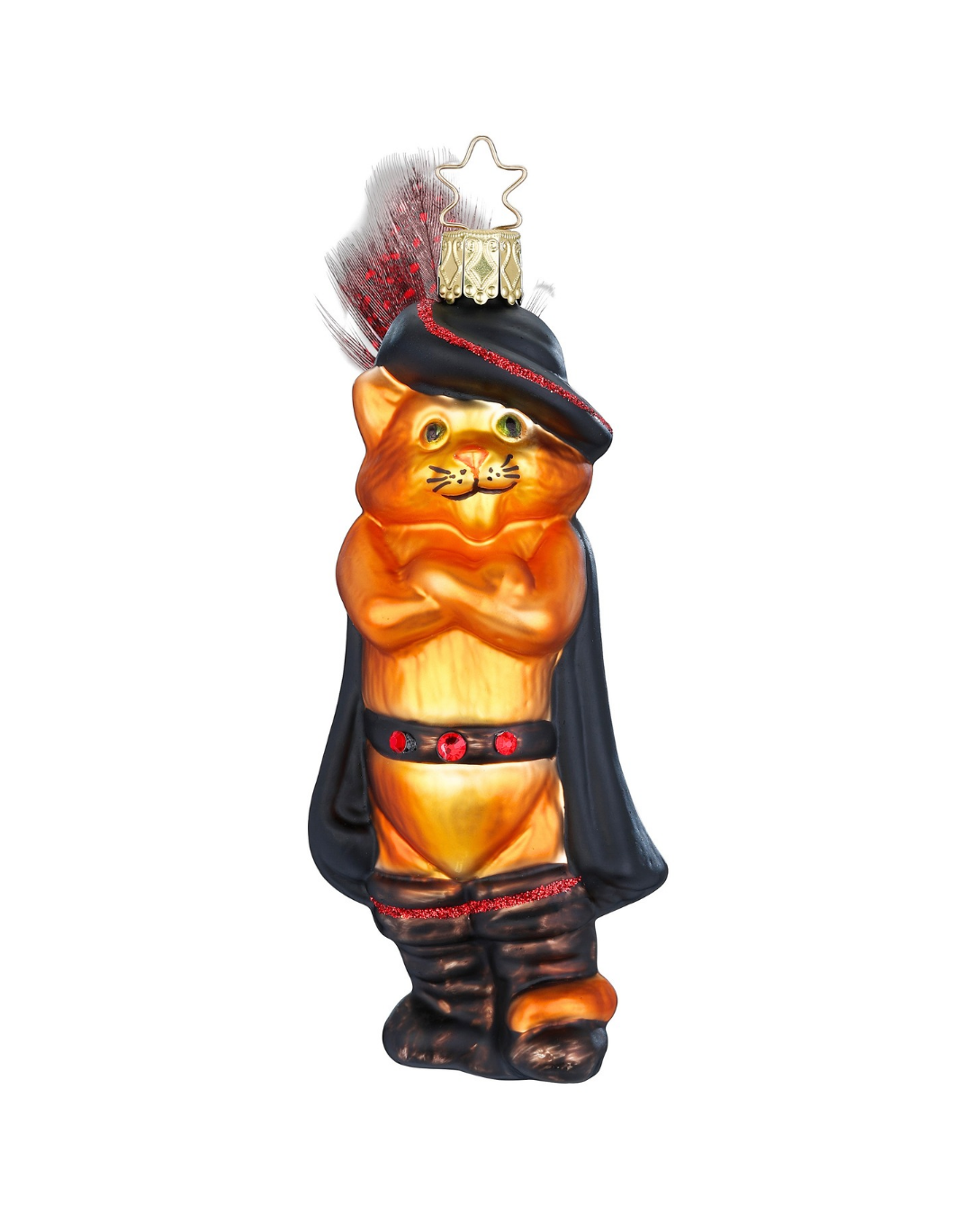 "Gestiefelter Kater" Ornament mit schwarzen Stiefel, schwarzem Hut und schwarzem Gürtel. Mit roten Details wie Punkten und Federn.