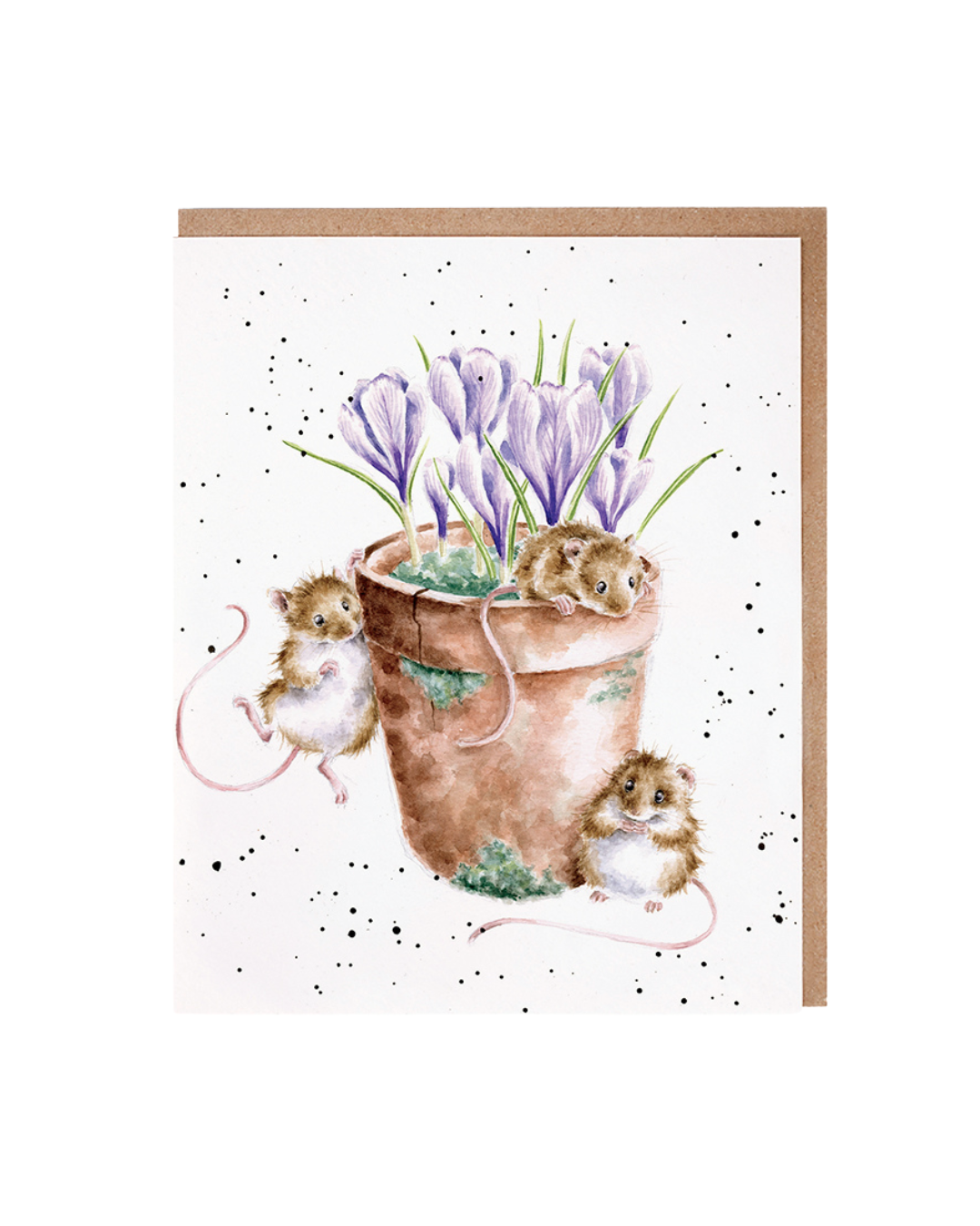 Mäuse Grußkarte „Garden Friends“ von Wrendale Designs mit drei Mäusen und lila Krokussen in einem Blumentopf. Die Karte zeigt das detaillierte, handgezeichnete Motiv auf weißem Hintergrund mit brauner Umschlagkante.