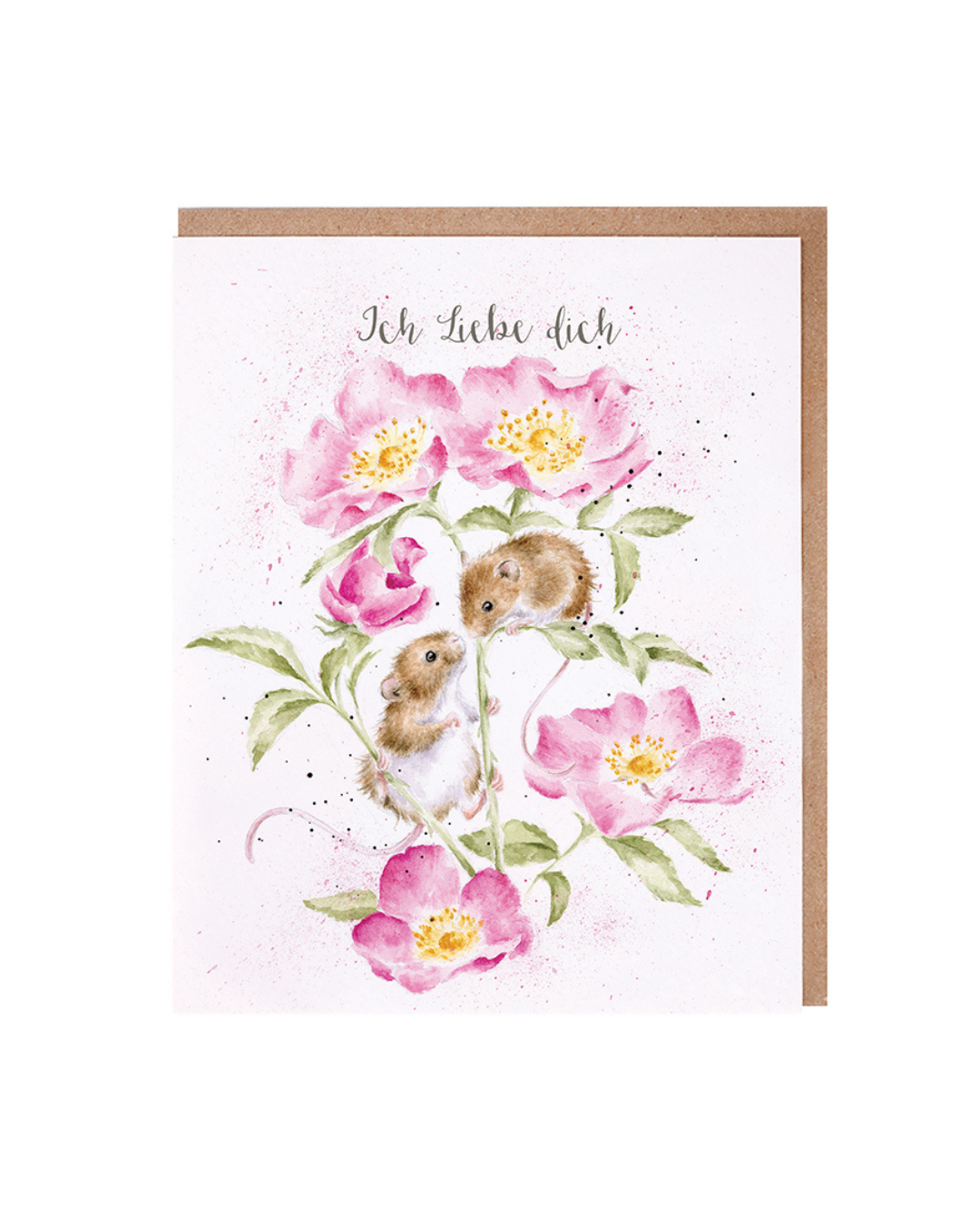 Mäuse Grußkarte von Wrendale Designs auf weißen Hintergrund. Auf dem Motiv sind 2 Mäuse zu sehen welche auf pink blühenden Blumen klettern. Oben steht "Ich liebe dich".