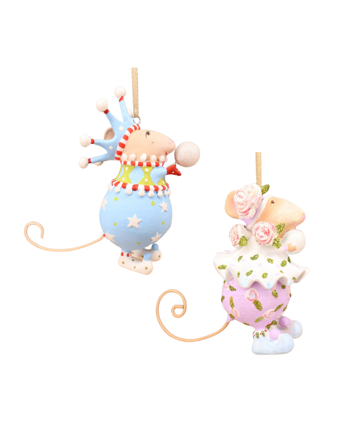 Set aus Sophie & John Snowball Mouse von Patience Brewster, zwei farbenfrohe handbemalte Krinkles-Mäuse mit Schneekugeln.