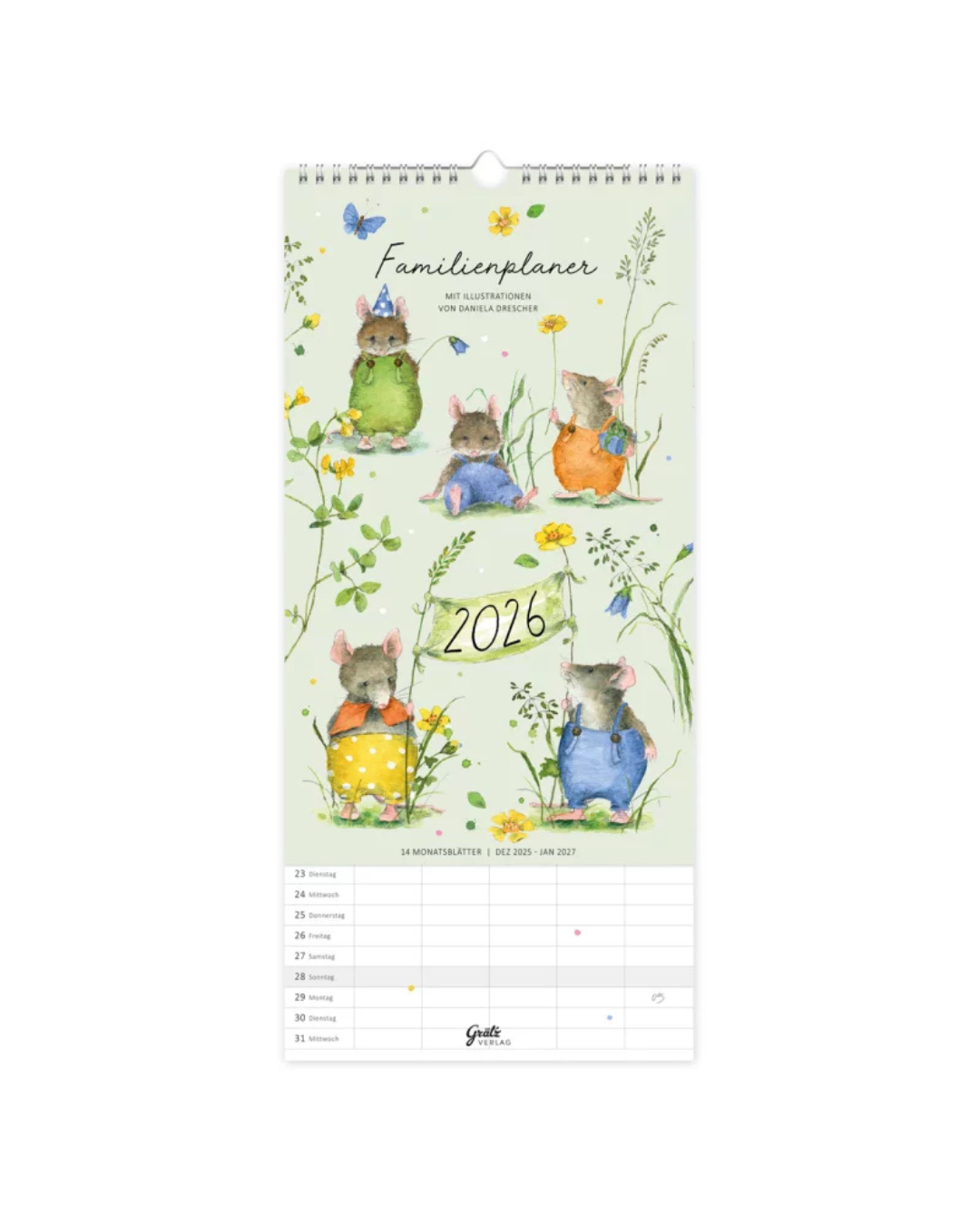Familienplaner-Kalender 2026 vom Grätz Verlag mit Mäuseparty-Motiv von Daniela Drescher