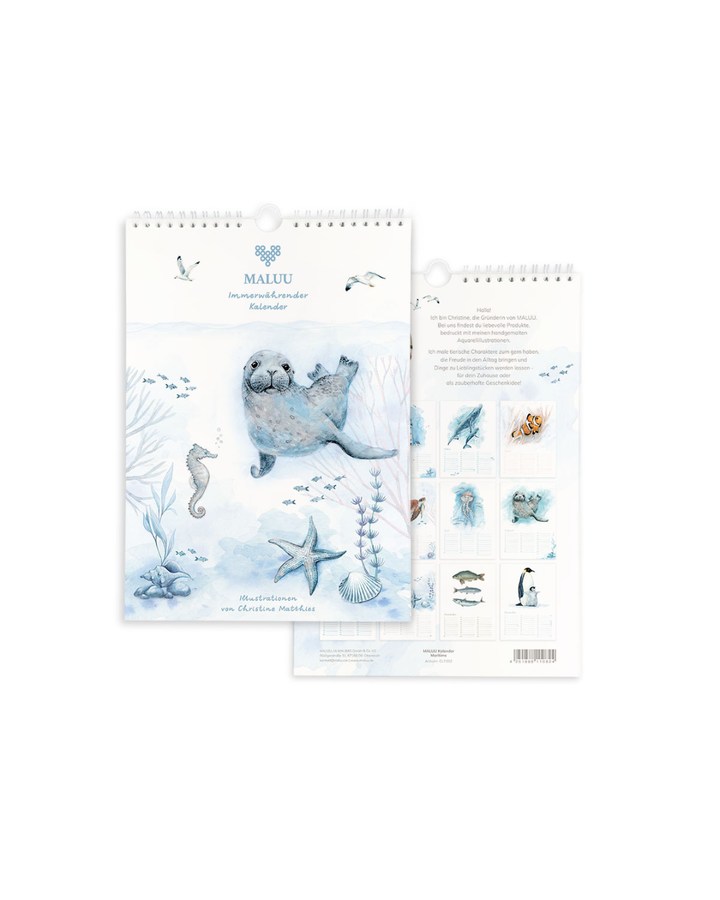„Immerwährender Kalender Maritim von Maluu mit Seehund-Illustration auf der Titelseite“
