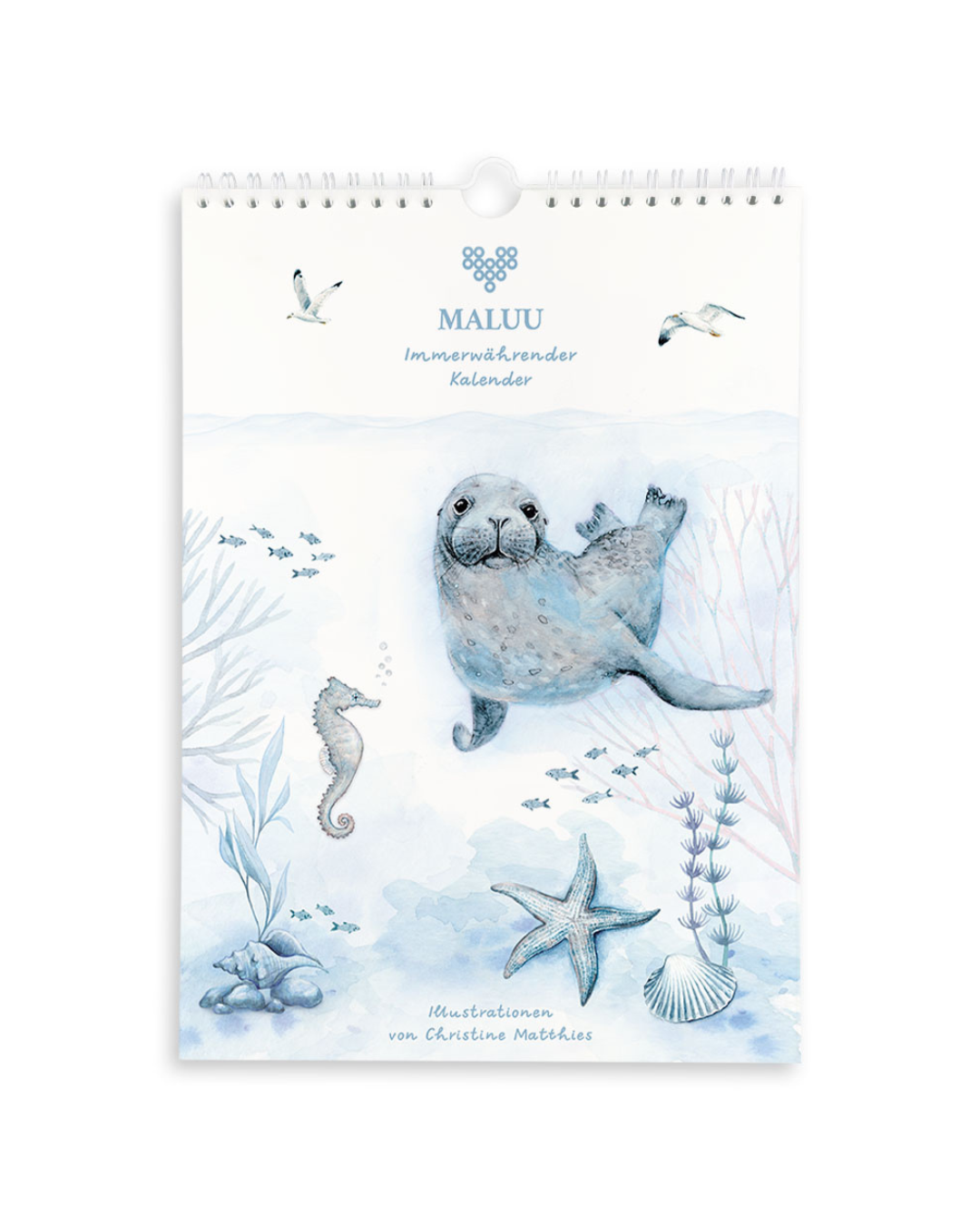 „Titelseite des immerwährenden Maritim Kalenders von Maluu mit Seehund“
