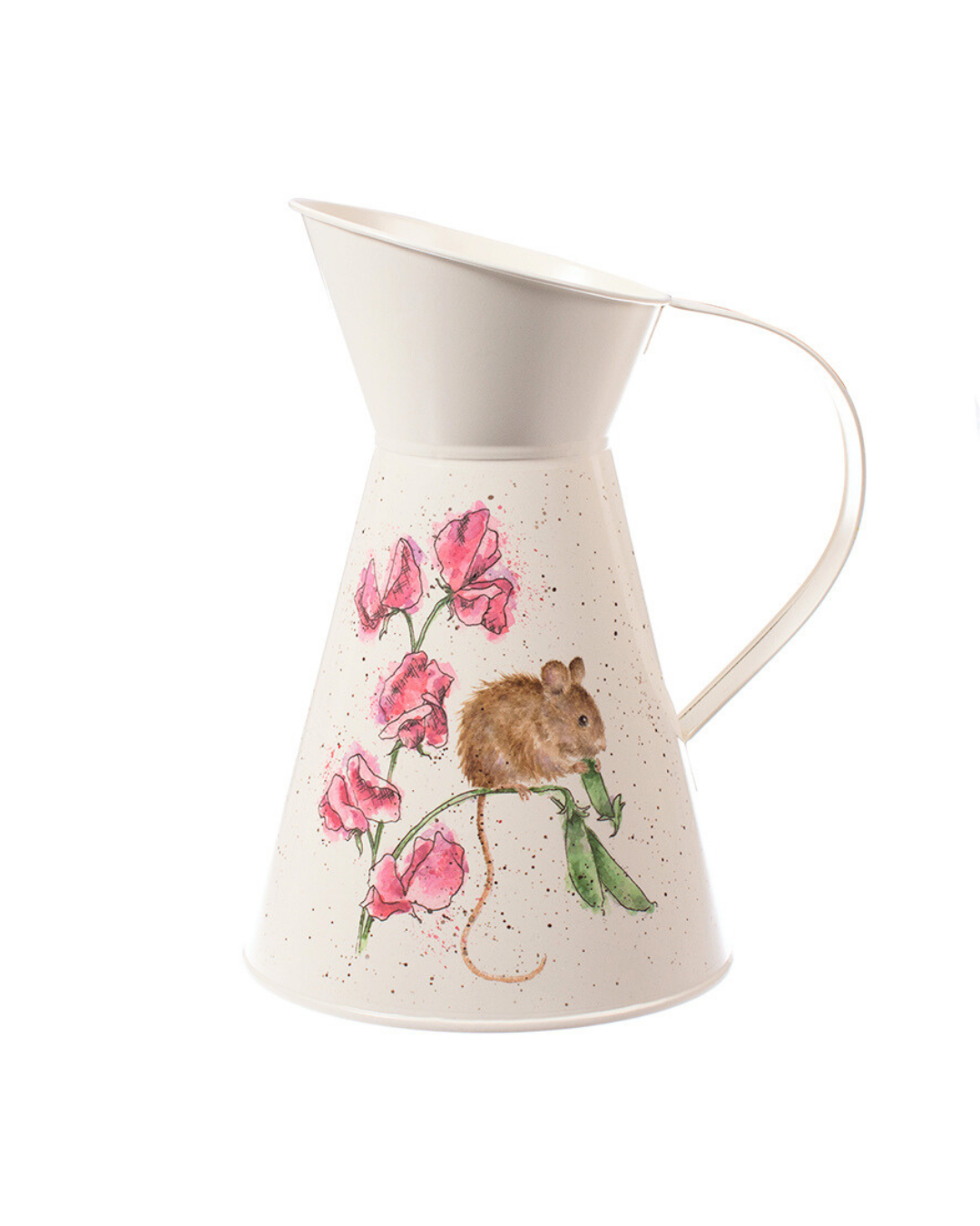 Cremefarbene Blumenvase The Pea Thief Flower Jug von Wrendale Designs mit Mausmotiv auf Erbsenranke und rosa Blüten, freigestellt vor weißem Hintergrund, mit klassischer Krugform und Henkel.