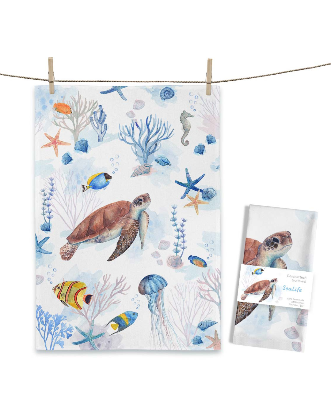 Geschirrtuch „Sealife“ von Maluu mit maritimen Meeresmotiven und Schildkröte