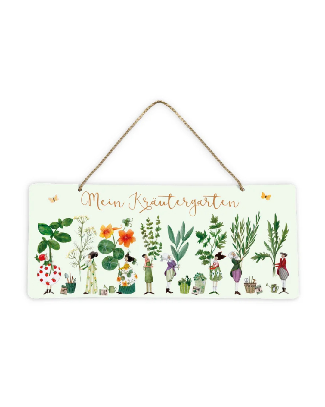 Metallschild „Kräutergarten“ vom Grätz Verlag freigestellt vor hellem Hintergrund, mit detaillierter Kräuterillustration, Figurenmotiv, Schriftzug „Mein Kräutergarten“ und Kordel zum Aufhängen.