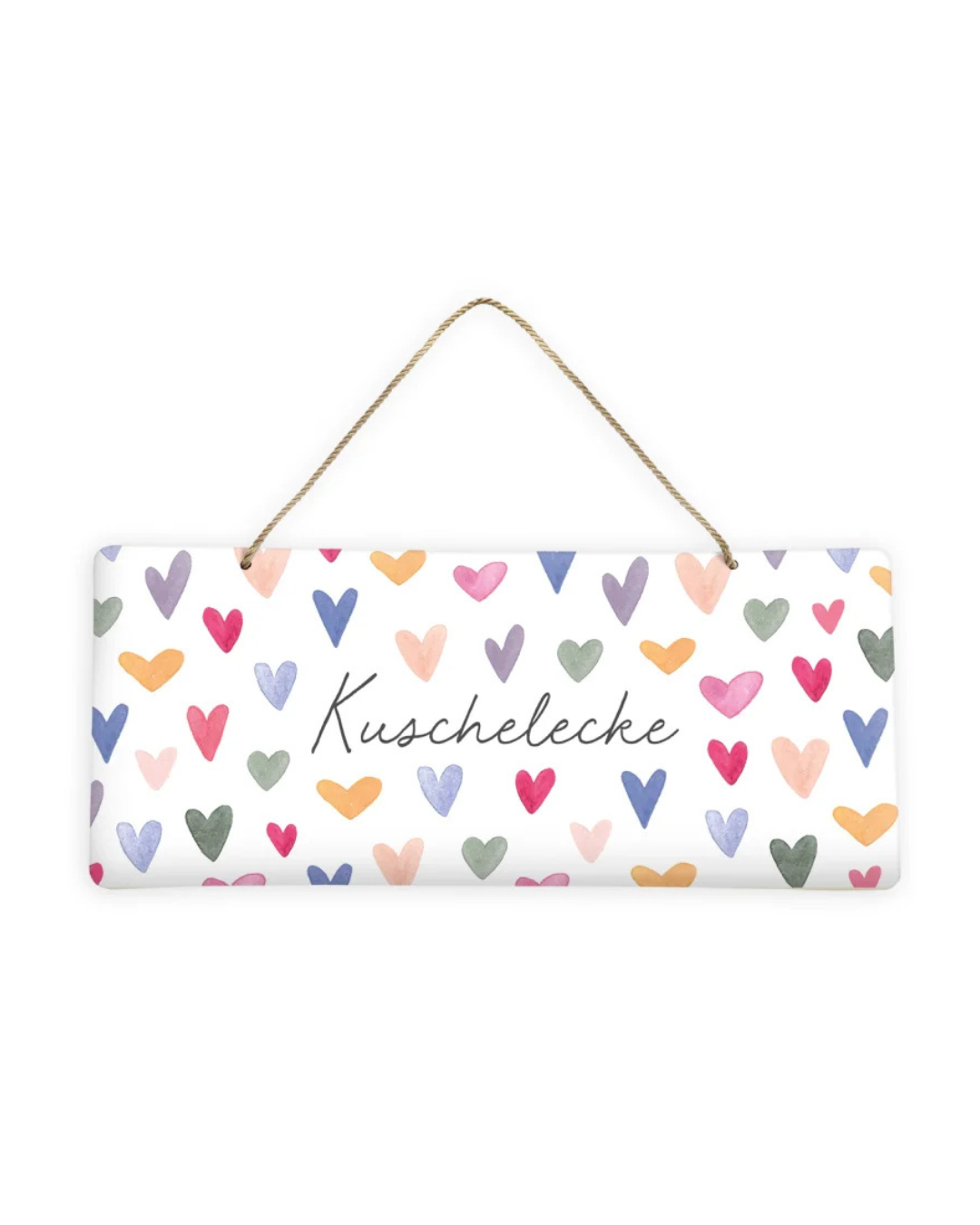 Metallschild „Von Herzen“ vom Grätz Verlag mit bunten Herzen und Schriftzug Kuschelecke
