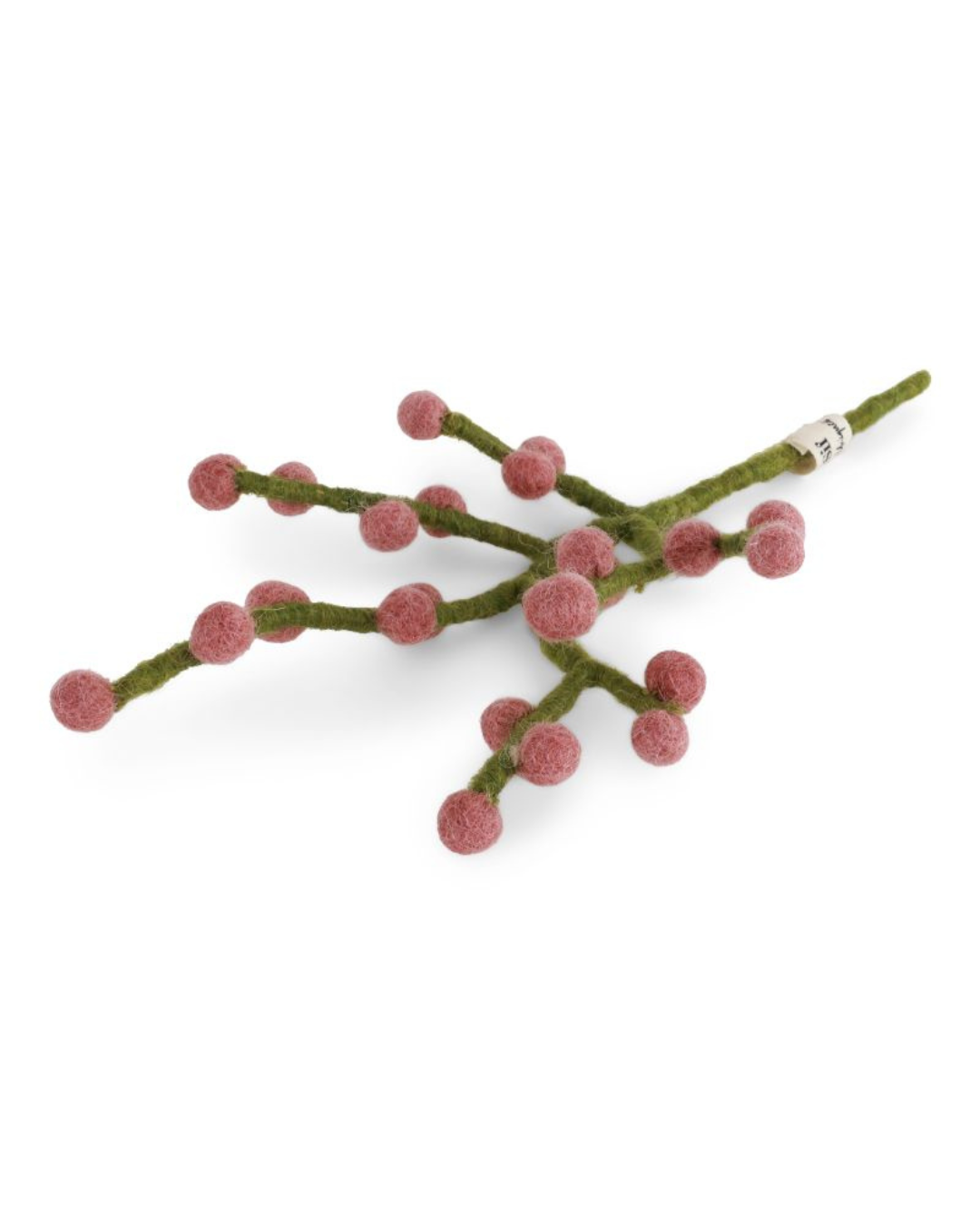 Mini Beeren-Ast aus Filz von Gry & Sif mit Beeren in Rouge und grünem Stiel, freigestellt vor weißem Hintergrund, seitlich fotografiert.