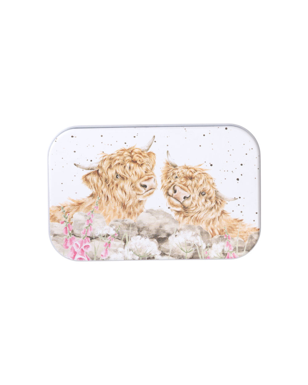 Hochlandkuh-Dose „Just for the Mooo…“ von Wrendale Designs mit zwei Hochlandkühen auf dem Deckel, rechteckige Metallbox im typischen Wrendale Stil