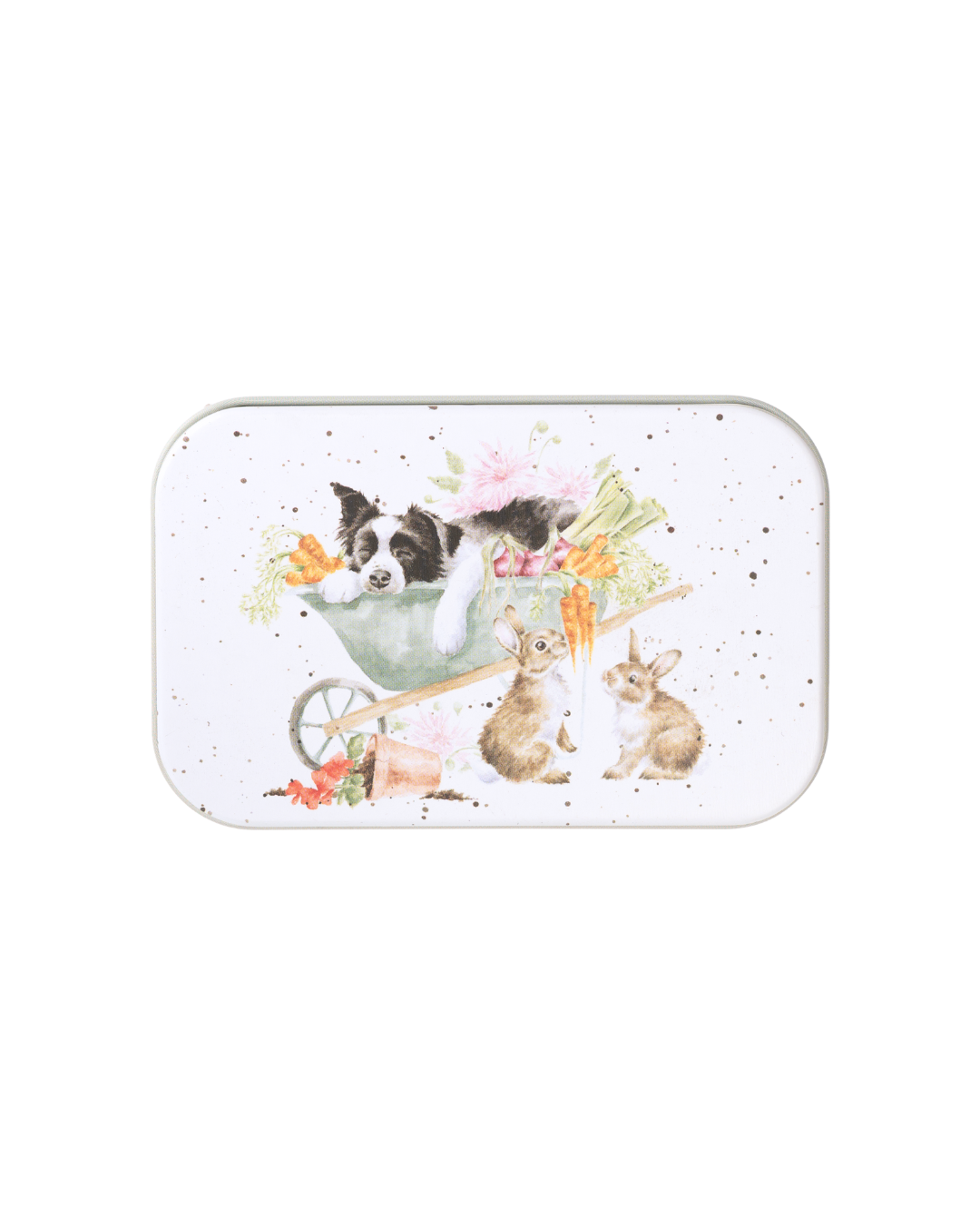 Hunde-Dose „Sleeping on the Job“ von Wrendale Designs mit schlafendem Hund in einer Schubkarre und Kaninchen, rechteckige Metallbox im typischen Wrendale Stil