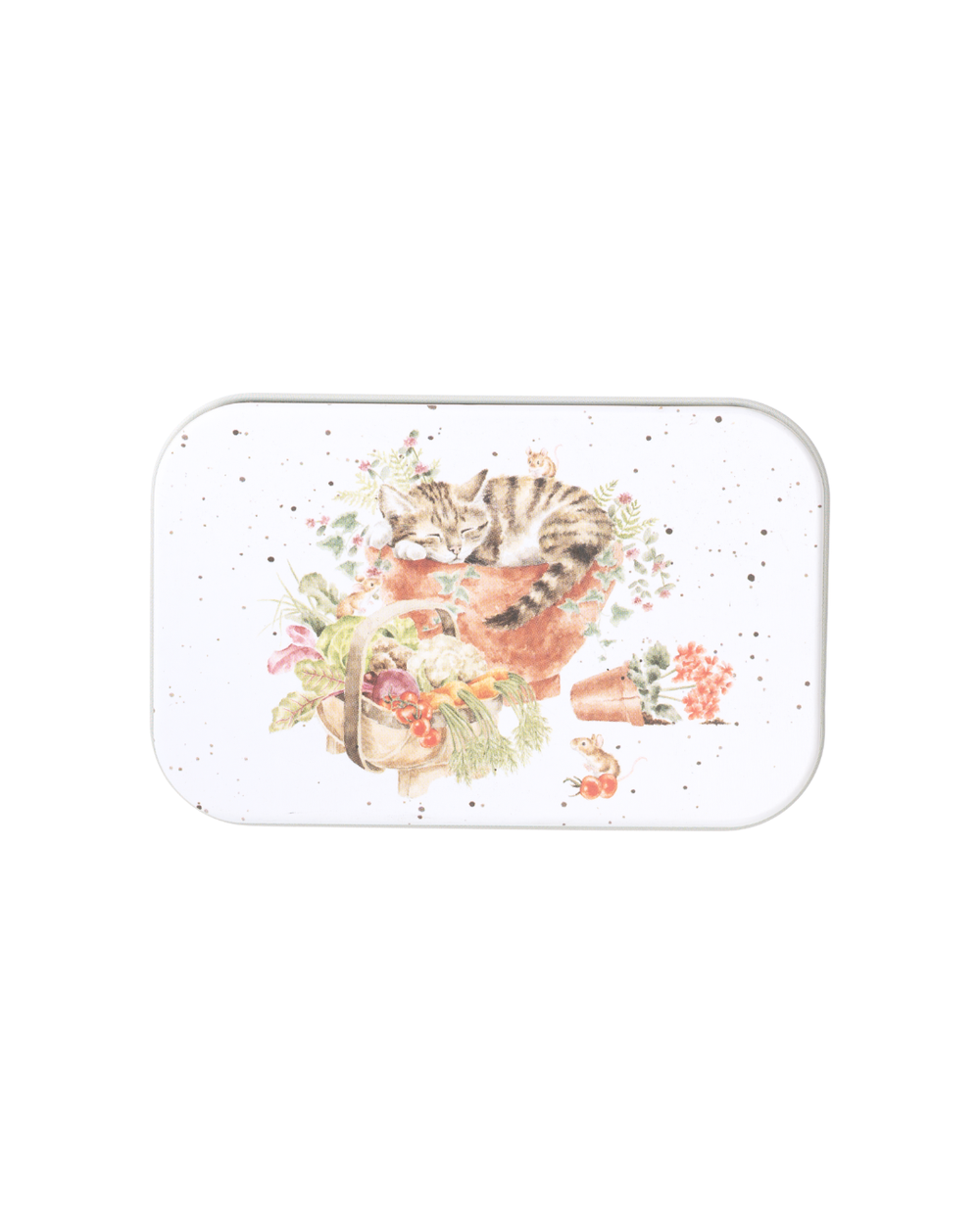 Katzen-Dose „Purrrfect Birthday“ von Wrendale Designs mit schlafender Katze im Blumentopf auf dem Deckel, rechteckige Metallbox im typischen Wrendale Stil
