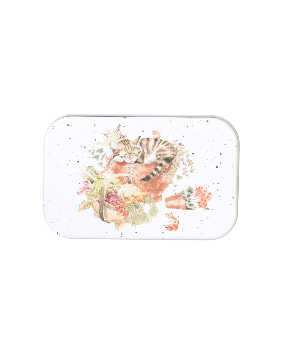 Katzen-Dose „Purrrfect Birthday“ von Wrendale Designs mit schlafender Katze im Blumentopf auf dem Deckel, rechteckige Metallbox im typischen Wrendale Stil