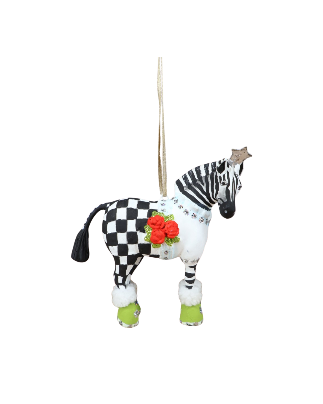 Zebra Krinkle Mini Jambo Zelda – handbemaltes Zebra mit Schwarz-Weiß-Muster und grünen Stiefeln, seitliche Ansicht.