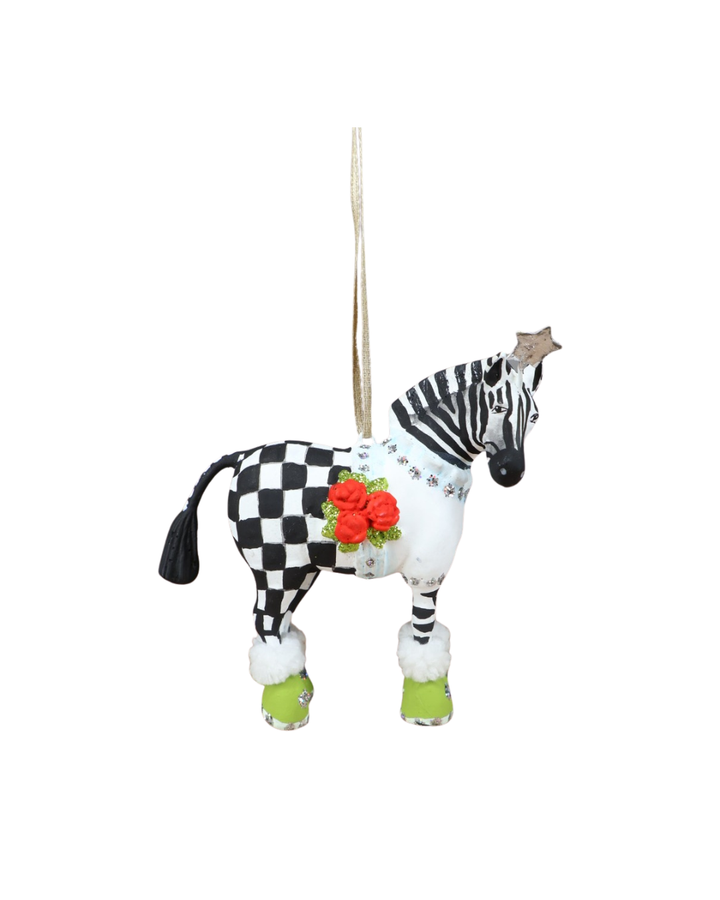 Zebra Krinkle Mini Jambo Zelda – handbemaltes Zebra mit Schwarz-Weiß-Muster und grünen Stiefeln, seitliche Ansicht.