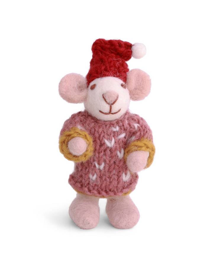 Handgefertigte weihnachtliche Filzfigur "Mini Mäuse Mädchen mit Strickkleid" von Gry & Sif.
