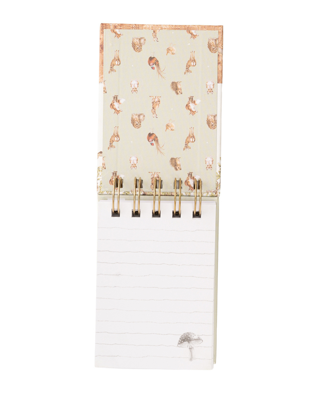 Aufgeschlagenes Mini Notiz- und Skizzenbuch „Woodland“ mit linierten Seiten und Spiralbindung.