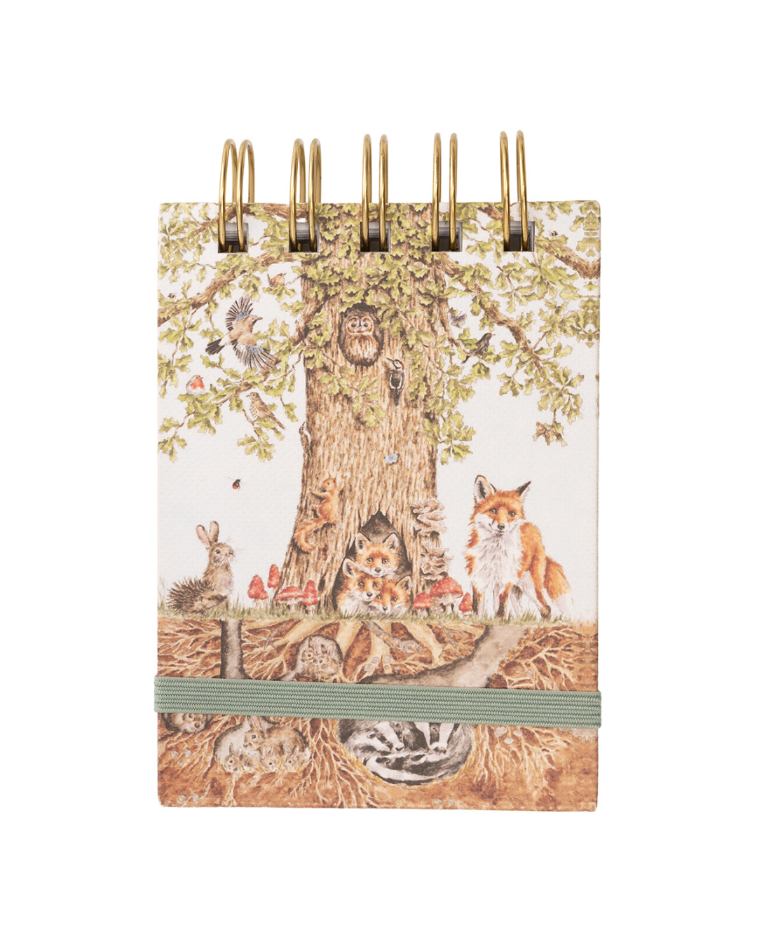 Vorderansicht des Mini Notiz- und Skizzenbuchs „Woodland“ von Wrendale Designs mit Waldtier-Motiv und Spiralbindung.