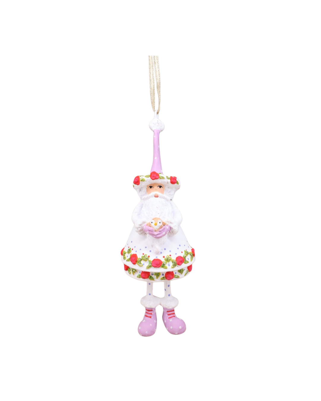 „Mini Woodland Santa Krinkle von Patience Brewster – Vorderansicht mit weiß-rosa Kleid und kleinem Vögelchen.“