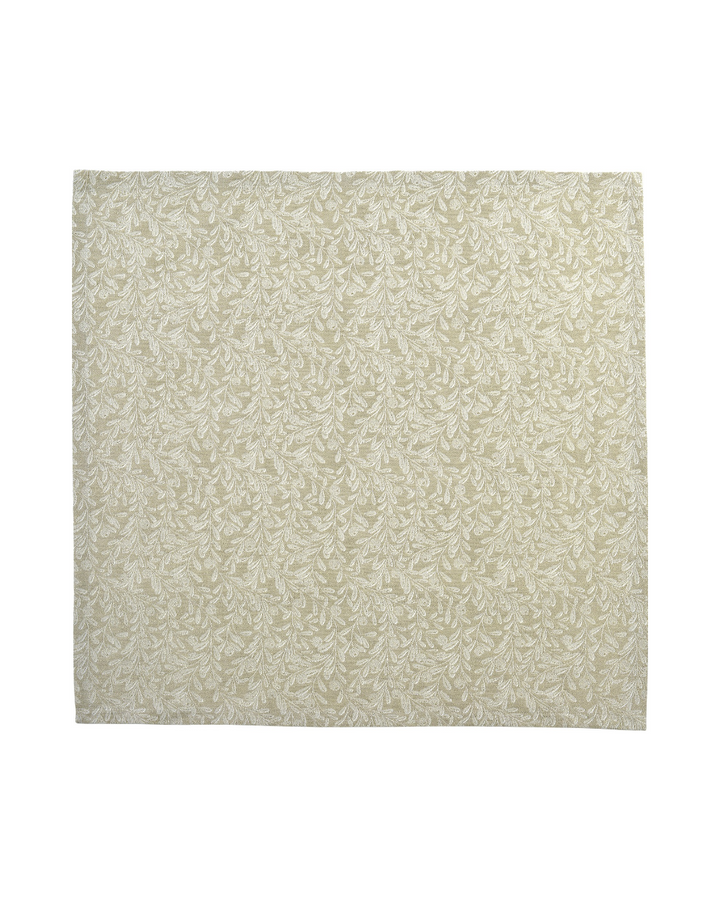 Mistel Tischdecke "Fronda Lino" in beige/gold von Sander Table Home vor weißen Hintergrund. Die Decke ist beige/gold mit einem Mistelmuster.