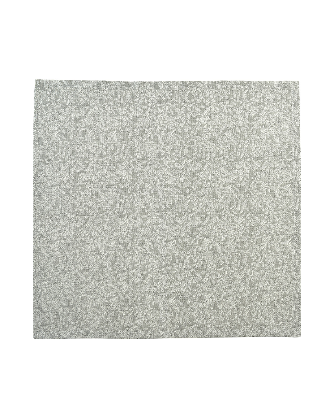 Mistel Tischdecke "Fronda Lino" in grau/silber von Sander Table Home vor weißen Hintergrund. Die Decke ist grau/silber mit einem Mistelmuster.