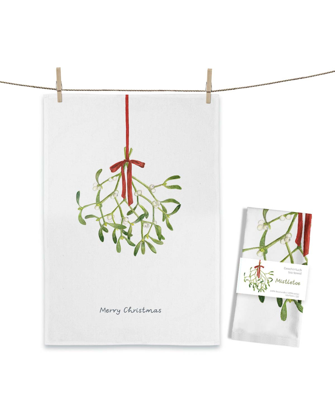 Geschirrtuch „Mistletoe“ von Maluu mit Mistelzweig und roter Schleife