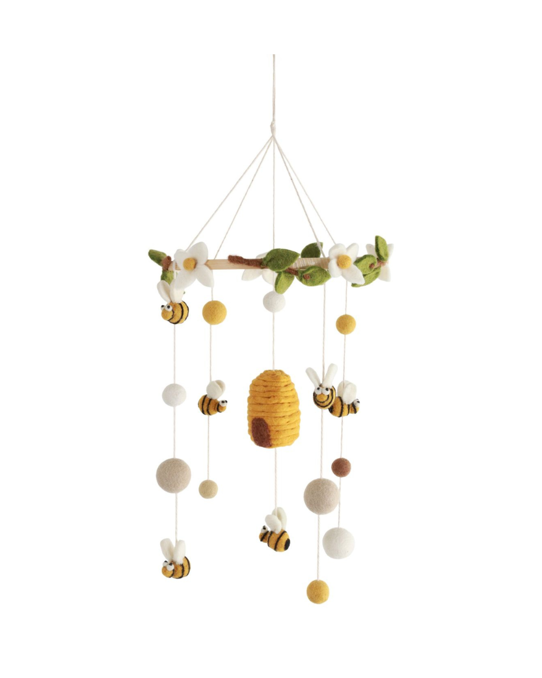 Das Bienen-Mobile von Gry & Sif mit handgefertigten Filzbienen, Blüten und einem gelben Bienenstock, vor weißem Hintergrund.