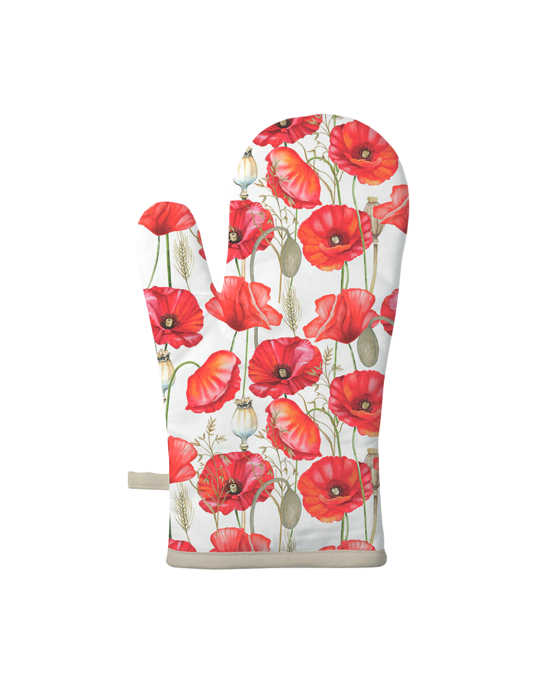 Ofenhandschuh mit rotem Mohnblumenmotiv, Ähren und Samenkapseln der Marke Ambiente, isoliert auf weißem Hintergrund.
