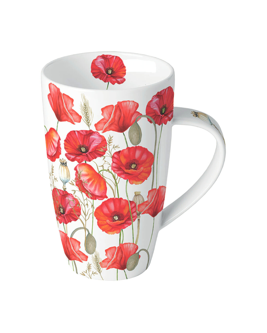 Höhere weiße Keramik-Tasse mit rotem Mohnblumenmotiv, Ähren und Samenkapseln der Marke Ambiente, isoliert auf weißem Hintergrund.