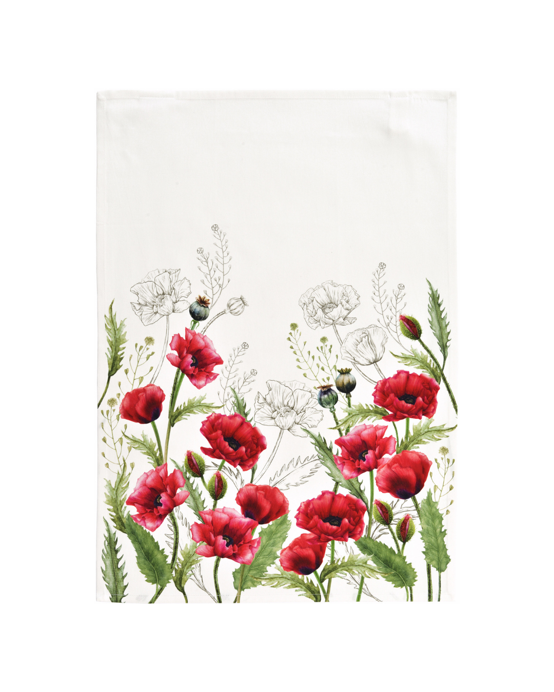 Mohnblumen Geschirrtuch „Poppy Kitchen“ von Sander mit roten Mohnblüten, Knospen und grünen Blättern auf weißem Grund. Das Tuch hängt auf weißem Hintergrund und zeigt das detaillierte, handgezeichnete Motiv.