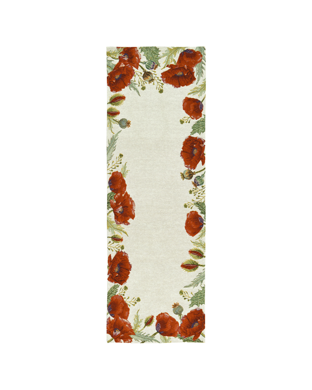 Mohnblumen Gobelin Tischläufer „Poppy Fields“ von Sander mit roten Mohnblüten, Knospen und grünen Blättern auf hellem Grund. Der Läufers liegt auf weißem Hintergrund und zeigt das detaillierte, handwerkliche Design.